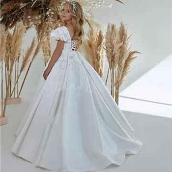 Белые свадебные платья с цветочным узором для девочек, атласные платья трапециевидной формы с 3D цветами, расшитые бисером, праздничные платья для первого причастия