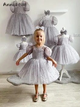 Платье для девочек на день рождения Аннабель, платье принцессы с рукавами и украшением жемчугом для всего тела, платья для девочек, Свадебная вечеринка