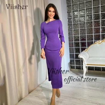 Фиолетовые атласные вечерние платья Русалки Viisher с длинным рукавом и V-образным вырезом в Дубае, Арабское вечернее платье для выпускного вечера, вечерние платья для вечеринок длиной до чая
