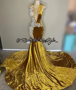 Золотые Афроамериканские Платья Для Выпускного Вечера Русалка С Прозрачными Бархатными Аппликациями Черные Девушки Нигерия Robe De Soiree Вечернее Платье Платье