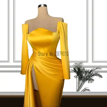 Простые желтые вечерние платья с длинным рукавом, сексуальные атласные вечерние платья русалки с разрезом, длинные вечерние платья-халатики