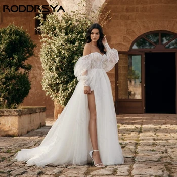 RODDRSYA Свадебные платья с пышными рукавами и высоким разрезом, Свадебное платье из тюля 
