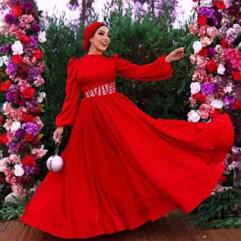 Скромные красные платья для выпускного вечера, Длинные рукава, длина по щиколотку, Трапециевидный женский Хиджаб со стразами, вечернее платье для свадьбы