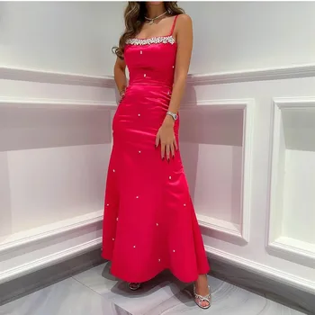 Сексуальные Красные Длинные вечерние платья на тонких бретельках, атласные с бисером, без рукавов, Русалка, длиной до пола, Vestidos De Gala Mujer