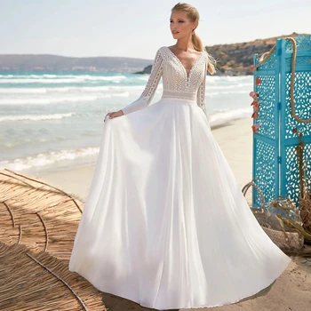 Красивые великолепные свадебные платья с глубоким V-образным вырезом и длинными рукавами, с аппликацией, без спинки, простые свадебные платья Пляж 2023