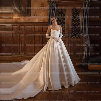 Простые элегантные свадебные платья для женщин трапециевидной формы, сексуальные вечерние платья без перчаток из атласа со шлейфом, свадебные платья без перчаток, Robe De Mariée 2024