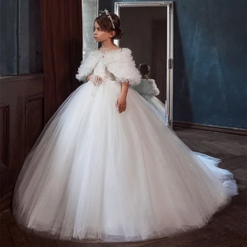 Белые кружевные платья для девочек Длиной до пола, платье для первого причастия, платья принцессы с цветочным узором для девочек на свадьбу