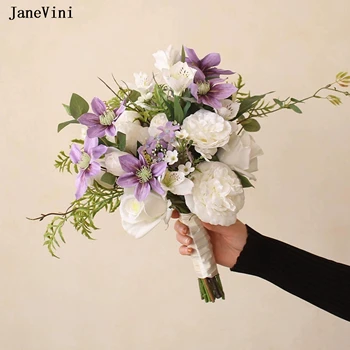 JaneVini Новые Элегантные Фиолетово-белые цветы, Свадебные Букеты для новобрачных, Розы из искусственного шелка, Пляжные букеты из искусственного шелка, Аксессуары для невесты