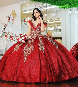 Красные пышные платья принцессы, бальное платье с открытыми плечами, аппликации, сладкий блеск, 16 платьев, 15 Мексиканских