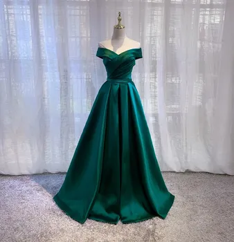 Зеленое платье трапециевидной формы со складками на плечах, длина до пола, атласное платье для выпускного вечера, вечерние платья для женщин 2023
