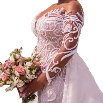 Роскошные свадебные платья, Африканское свадебное платье большого размера, Новые кружевные свадебные платья с длинным рукавом и круглым вырезом и длинным шлейфом