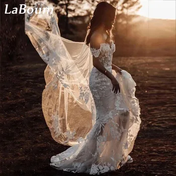 LaBoum Элегантные свадебные платья для женщин 2023 Кружевные аппликации С открытыми плечами Свадебные платья Русалки Придворный шлейф Robe De Mariée