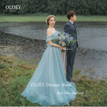 OLOEY Сексуальные длинные выпускные платья из пыльно-голубого тюля с открытыми плечами и рукавами, сказочные вечерние платья, свадебное платье невесты в саду, фотосессия