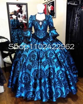 Черное, синее, Темное, бальное платье для девочки-гота, платья для выпускного вечера, Сказочный корсет с кружевной аппликацией с длинным рукавом, Викторианское вечернее платье