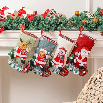 Большие рождественские носки Льняной забор Рождественский подарочный пакет Санта-Клаус Снеговик Лось Медведь Рождественская елка Подвесные украшения Мешок конфет