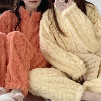 Зимний Утепленный Пижамный Комплект Для Женщин Harajuku Kawaii, Одежда Для Отдыха С Длинными Рукавами Для Девочек, Теплая Плюшевая Модная Пижама На Молнии, Милая Пижама Для Колледжа