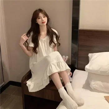Пижамы Кружевные ночные рубашки с рукавами Корейская одежда Длинные Женские для сексуальной шелковой домашней ночи Летнее Хлопковое платье для сна