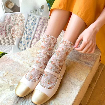 Женские сетчатые носки принцессы в стиле Лолиты с цветочной вышивкой, тонкие кружевные носки до середины икры, прозрачные свободные винтажные дышащие носки