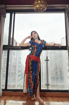 Женская длинная юбка для танца живота с ворсовым воротником радужного цвета, свободный халат, тюрбан, пояс для восточных танцев, профессиональный костюм для выступлений