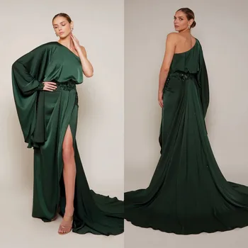 Темно-зеленое вечернее платье на одно плечо с разрезом, шелковое атласное классическое платье для выпускного вечера, кружевное платье с пайетками, торжественная вечеринка vestido de novia