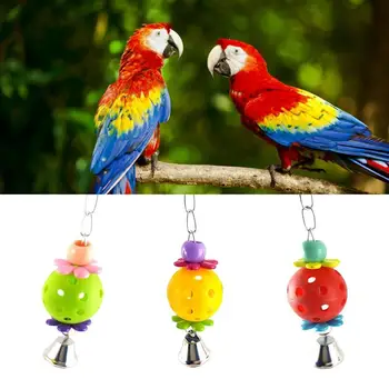 Игрушка-мяч для птиц С колокольчиком, Жующий мяч для попугая, Игрушка для птиц, подвешенная на веревочке, Красочная интерактивная игрушка-мяч для птиц, Клетка для