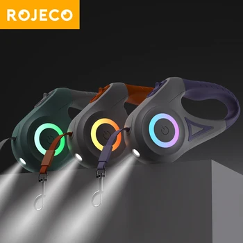 ROJECO 5 м Выдвижной поводок для собак с автоматической светодиодной подсветкой, Светящийся поводок-рулетка Для собак, Регулируемые поводки для выгула домашних животных, Бегущие поводки