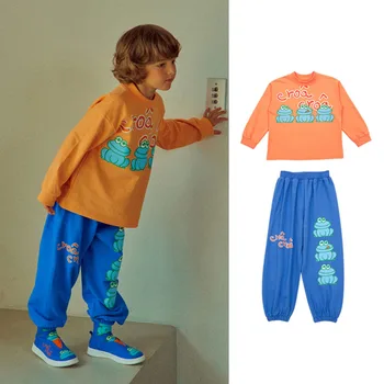 Корейские детские толстовки с лягушачьим принтом, топы + брюки, комплект из 2 предметов, весенне-осенний костюм-толстовка для девочек и мальчиков, детская одежда для Дня рождения