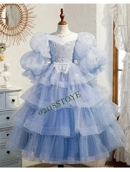 Детское свадебное платье принцессы с блестками для девочек в цветочек, Рождественская вечеринка, платье с шлейфом для детей-подростков, элегантные платья для детей