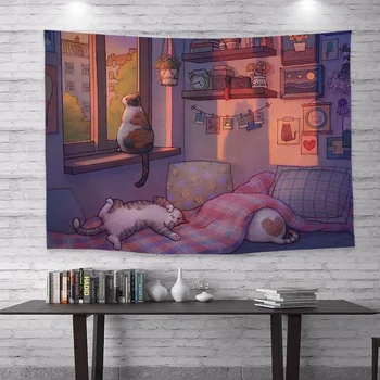 Иллюстрация домашнего декора Фон с принтом Милого Кота, Гобелен, Прикроватный Гобелен, Прикроватный Гобелен для спальни для детей и девочек, Украшение стен на заднем плане