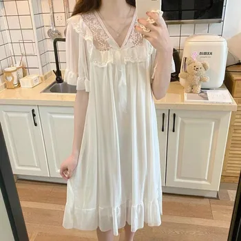 Летняя кружевная сетчатая милая пижама с V-образным вырезом и коротким рукавом, белая милая домашняя одежда, ночная рубашка