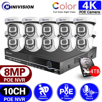 4K 10-Канальная камера видеонаблюдения POE 8-Мегапиксельная Цветная система ночного видения Безопасности Rj45 Наружное видеонаблюдение IP NVR Аудио Динамик 8-канальная система
