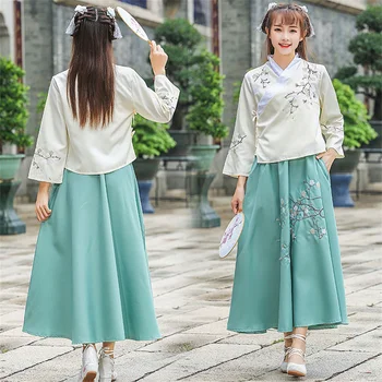 Улучшенная женская одежда Hanfu Cheongsam из двух предметов, летние брюки с вышитыми дисковыми пуговицами в китайском стиле, ретро-костюм-двойка