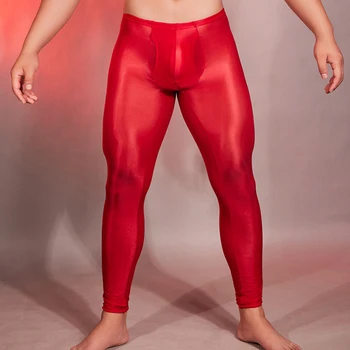 Сексуальные мужские колготки, экзотические брюки, однотонные леггинсы с высокой эластичностью, длинные брюки, обтягивающее нижнее белье, блестящие прозрачные брюки