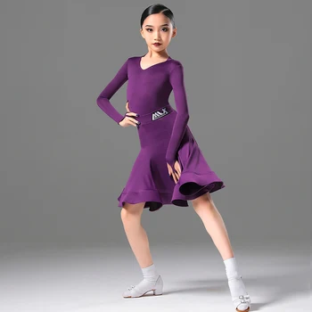 Разноцветное платье для соревнований по латинским танцам, боди с длинным рукавом для девочек, юбка с V-образным вырезом, костюм для выступления румбы, самбы, танго YS5119