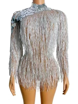 Сверкающий Зеркальный Наряд с серебряной бахромой на плече, Купальник, костюм для празднования Дня рождения, Боди с кисточками для танцовщицы, одежда для сцены
