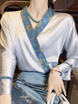 Китайская Традиционная рубашка, имитация шелка, топ с длинными рукавами, Женская одежда Hanfu, весна-осень, Ципао, Короткая юбка, Элегантная