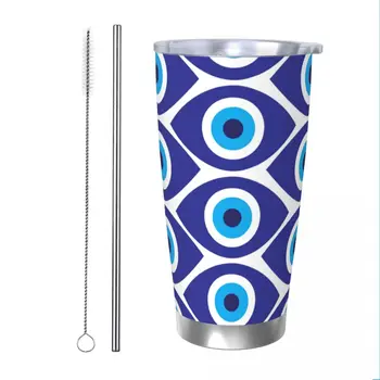 Стакан Evil Eye 2 С Вакуумной Изоляцией Blue Nazar Amulet Boho Thermal Cup с Крышкой, Соломенный Смузи, Чайные Кружки, Бутылка Для Воды, 20 унций