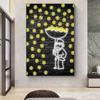 Дождь золотых монет, Биткоин, холст в неоновом художественном стиле, абстрактный плакат и принты, настенная художественная картина для домашнего декора гостиной