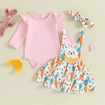 Пасхальный наряд, комбинезон с длинными рукавами для маленьких девочек, платье с вышивкой в виде моркови и кролика, повязка на голову с бантом, одежда для новорожденных