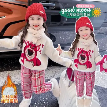 Детский удобный свитер Miniso Lotso из аниме, осенне-зимние милые повседневные бархатные брюки с героями мультфильмов для девочек, комплект из двух предметов Kawaii