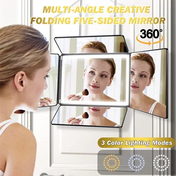 Туалетное зеркало с 5-позиционной светодиодной подсветкой, перезаряжаемое пятикратное зеркало для самостоятельной стрижки с регулируемой высотой, зеркало для самостоятельной стрижки на 360 °.