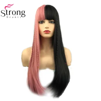 Парик для Косплея StrongBeauty Длинные Прямые Синтетические Волосы, Наполовину черные, наполовину розовые Плетеные Парики