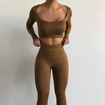 Женский спортивный костюм из двух предметов, топ с длинным рукавом И леггинсы, брюки, осенний однотонный женский комплект для фитнеса