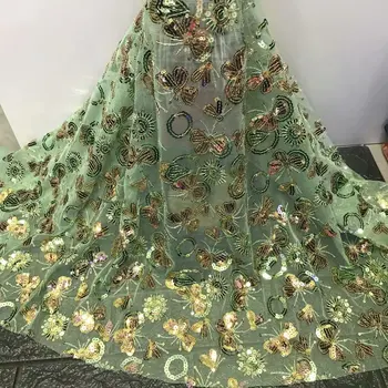 Зеленые блестки сверкающая французская тюлевая кружевная ткань с африканскими блестками кружевная ткань в нигерийском стиле свадебное платье чистая кружевная ткань J4337