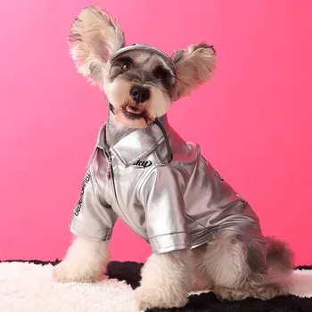 Модная кожаная куртка с серебряной вышивкой для маленьких собак - шнауцера, тедди, мальтийца, йоркшира и бишон-фризе