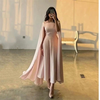 Розовое Элегантное Вечернее Платье Трапециевидной Формы С Высоким Воротом и Длинными Рукавами Чайной Длины Со Шлейфом, Вечернее Платье New Saudi Arabia Women's