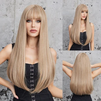 Длинные прямые шелковистые мягкие парики с челкой Натуральный блонд для ежедневных вечеринок Синтетический парик для женщин с высокой плотностью термостойких волос