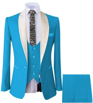 2023 Синий костюм, пиджак, жилет, Брюки, модный бутик, Повседневный Деловой Мужчина, Жених, Свадебный смокинг, платье, комплект из 3 предметов, Блейзеры, пальто