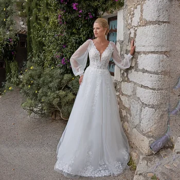 Классическое кружевное свадебное платье Lorencia 2024 с пышным длинным рукавом, платья для невесты из тюля с двойным V-образным вырезом и аппликацией Boho Vestidos De Novia YAW38