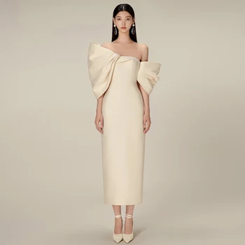 Элегантные вечерние платья для женщин 2023 с открытыми плечами, коктейльные платья чайной длины, миди, платье-футляр цвета шампанского, простое вечернее платье-футляр